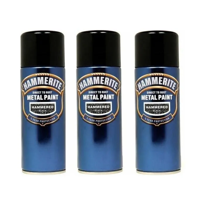 3x 400ml Hammerite HAmmERED BLACK Direct to Rust Metal Spray Paint Aerosol 400ml