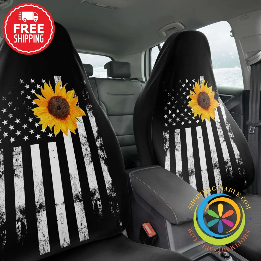 American Flag With Sunflower Car Seat Covers (Pair)