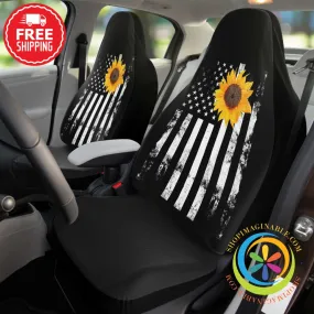 American Flag With Sunflower Car Seat Covers (Pair)