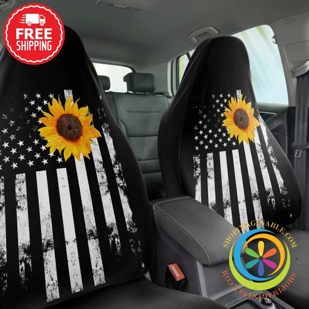 American Flag With Sunflower Car Seat Covers (Pair)
