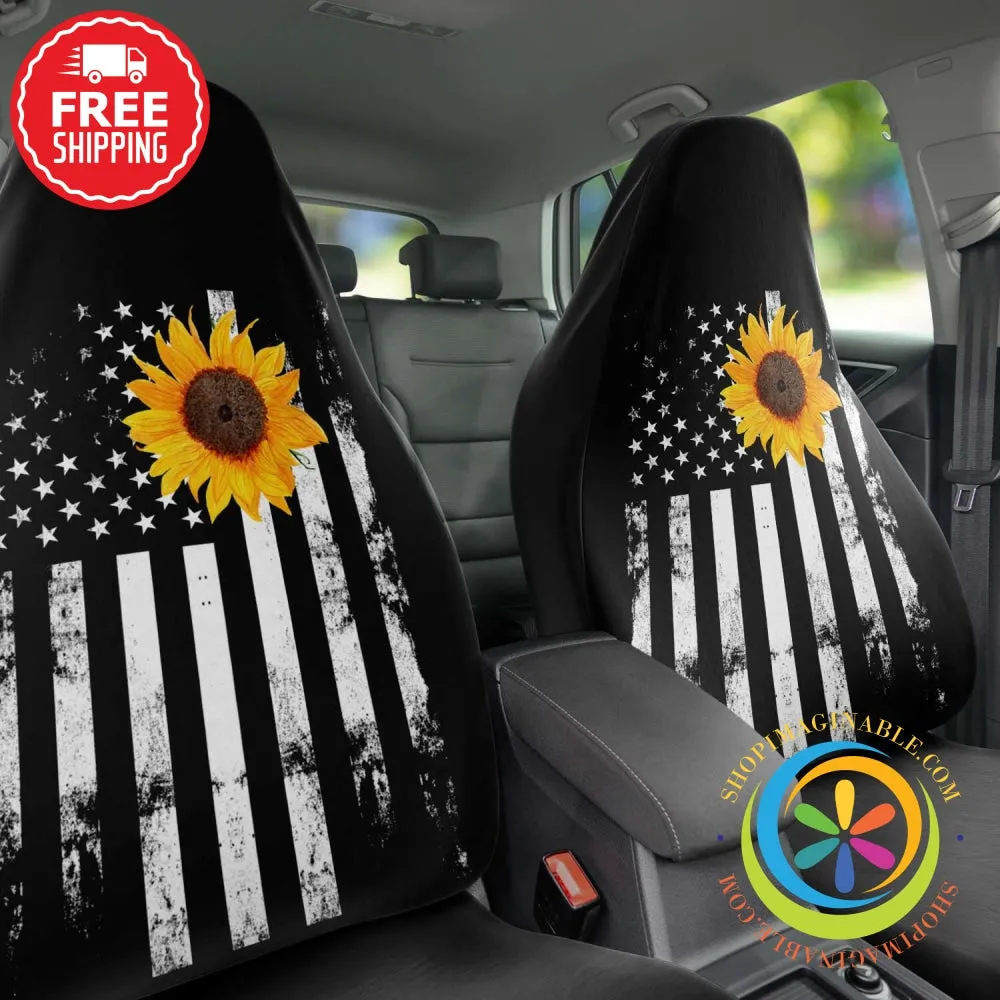 American Flag With Sunflower Car Seat Covers (Pair)