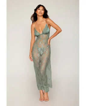 Dreamgirl Eyelash Lace & Satin Long Chemise Set Sage Green