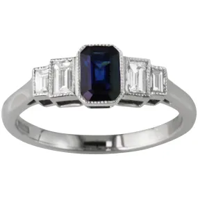 Emerald Cut Sapphire and Diamond Five Stone Ring