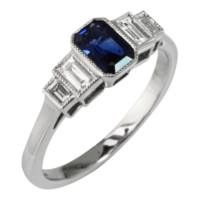 Emerald Cut Sapphire and Diamond Five Stone Ring
