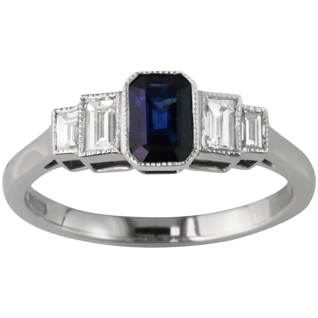 Emerald Cut Sapphire and Diamond Five Stone Ring