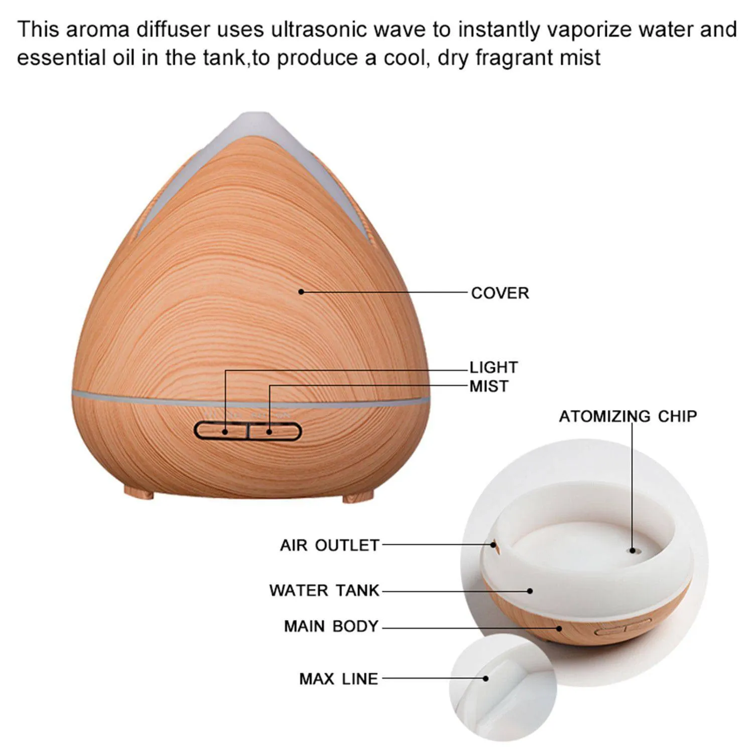 Essential Oils Ultrasonic Aromatherapy Diffuser Air Humidifier Purify 400ML  Light Wood