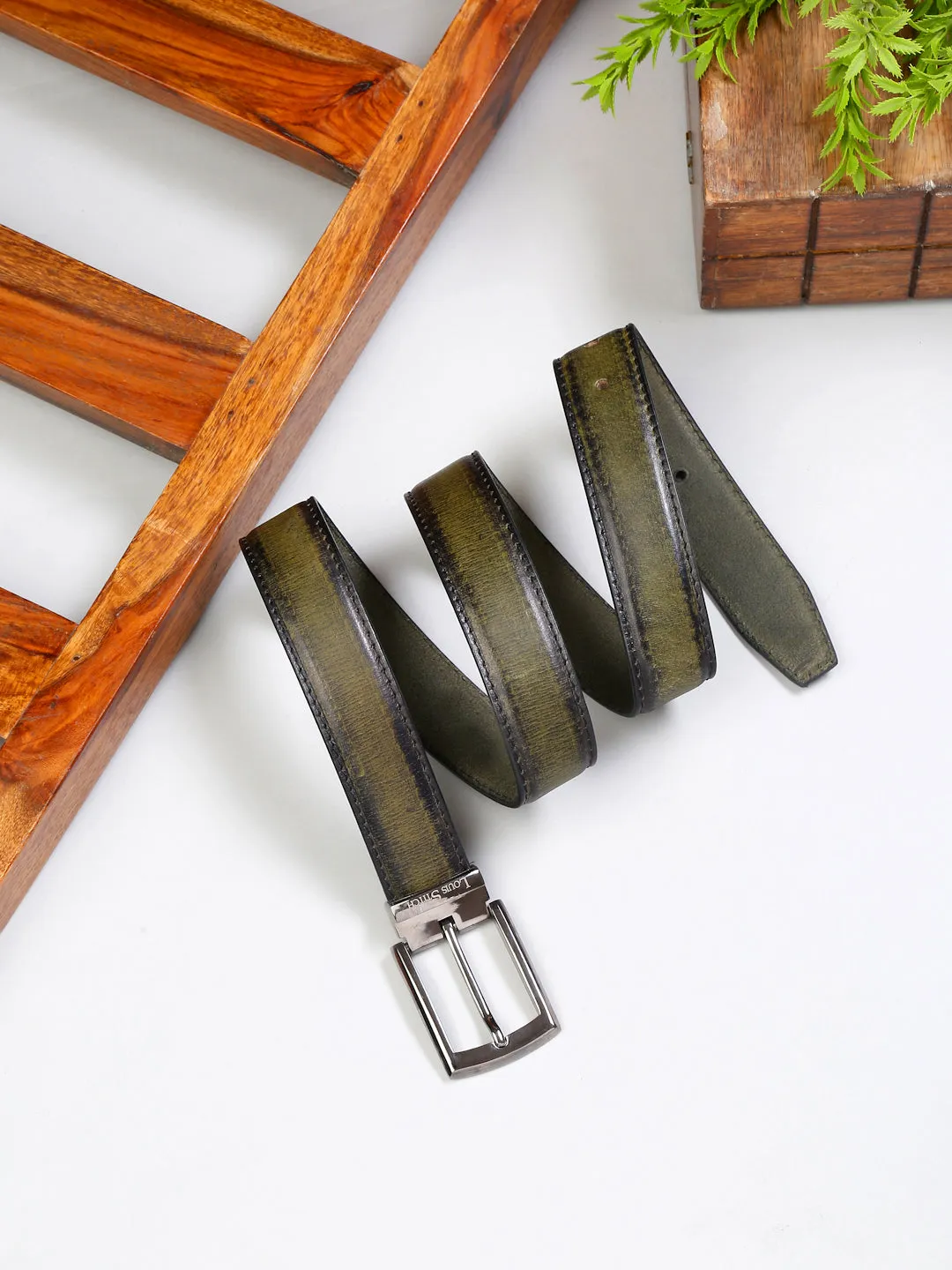 LOUIS STITCH Men's Seaweed Green Italian Raw Leather Belt Premium Hand Padded Casual Belts for Men
