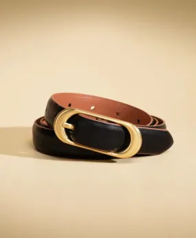 Smooth Leather Belt with Rectangular Buckle - Black