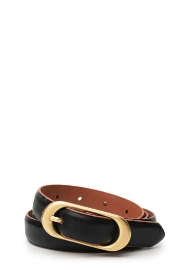 Smooth Leather Belt with Rectangular Buckle - Black